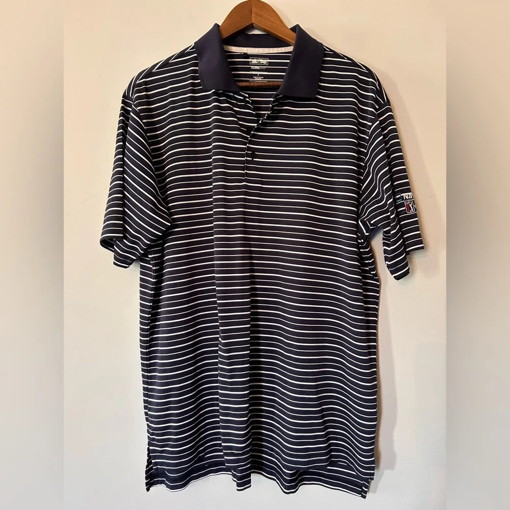 Adidas Climalite LG PGA‎ Blue  White Striped Short Sleeve Polo Shirt Summer Golf